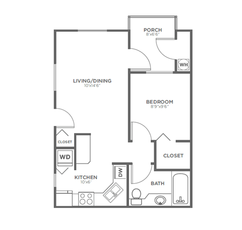 Floor plan for 1 bed, 1 bath, 466 sqft